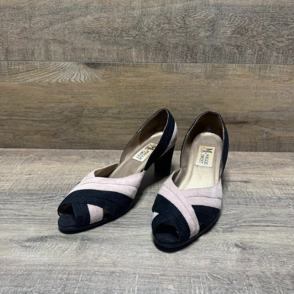 Maggie Sweet Inez Black/Tan Suede Peep Toe Heels Women's Size 7.5